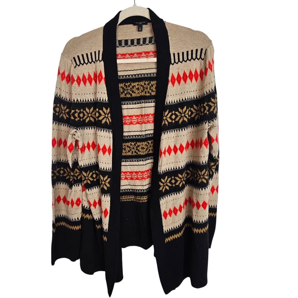 Talbots Womens Wool Mohair Fair Isle Cardigan Sweater Sz 1X Open Front Preppy